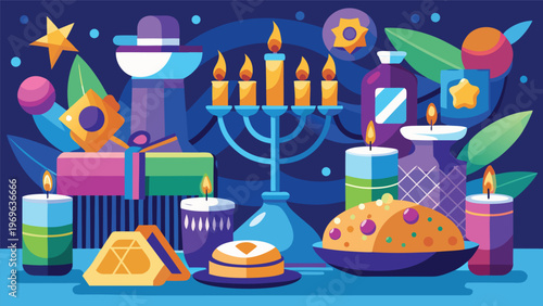 Celebration setup with candles, gifts, and food on a table for a special occasion