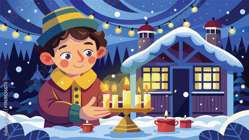 Boy lights candles outside a cabin during winter while snow falls and lights glow in the night sky