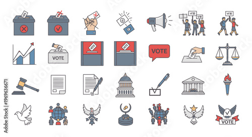 Set of icons representing voting process and election concepts with ballot boxes and voters.
