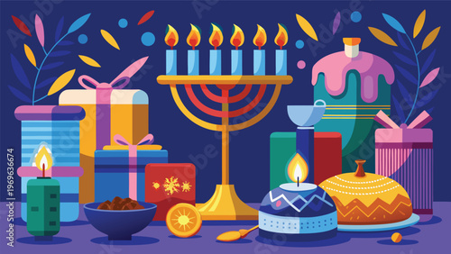 Menorah and gifts arranged for a celebration during the festival of lights with candles burning brightly