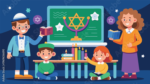 Kids celebrate Hanukkah with candles and books in classroom during winter season in Jewish school