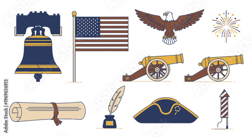 Collection of American Revolutionary War Symbols and Patriotic Icons.