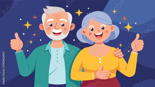 Older couple smiles and shows thumbs up while standing together on a colorful background with stars and sparkles