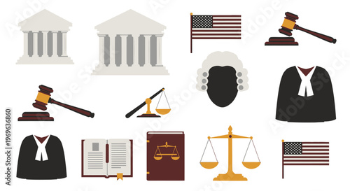 Set of legal and judicial icons including courthouse, judge, gavel, scales of justice, and American flags.