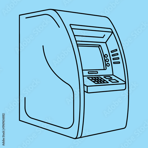 Light blue A T M machine with black outline on light blue background atm machine automated teller machine