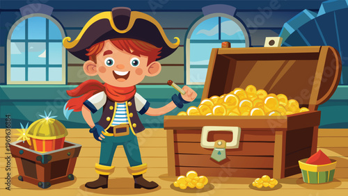 Young pirate finds treasure in a chest inside a ship during a sunny day at sea
