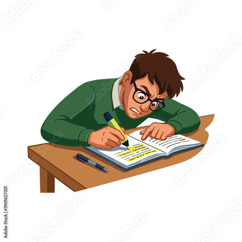 A frustrated student studies intently at his desk with books and pens.
