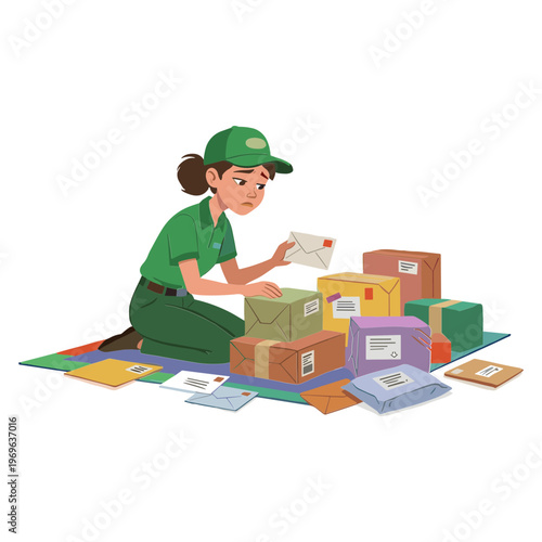 Woman sorts colorful packages on mat with uniform