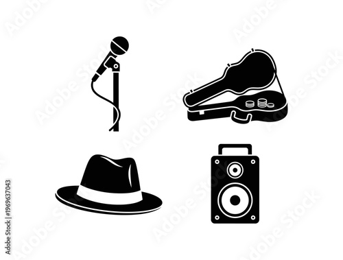 Essential musical equipment and performance accessories collection, featuring a classic microphone, open guitar case with instrument, stylish fedora hat, and powerful sound speaker