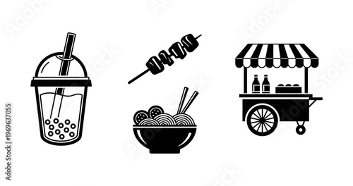Collection of icons representing bubble tea, noodle bowl, and food cart, symbolizing diverse culinary delights and street food culture