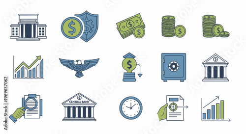 Set of financial and banking icons representing money, security, growth, and investment concepts.