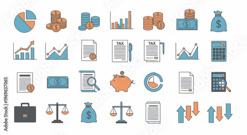Set of financial and tax related icons representing money management and accounting concepts.