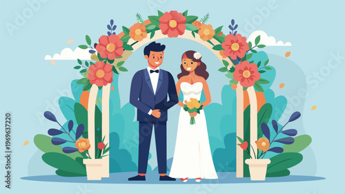 Couple stands together under floral arch during wedding ceremony on a sunny day in a garden setting