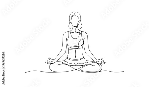 Abstract continuous line drawing of meditating woman lotus pose yoga vector for zen and wellness design
