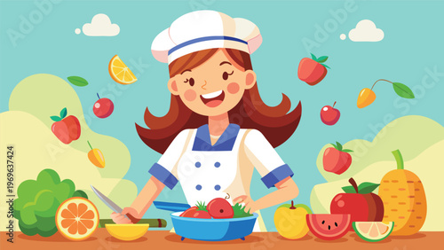 Chefs prepare fresh fruit and vegetables at a colorful kitchen setting on a sunny day with lots of smiles and energy