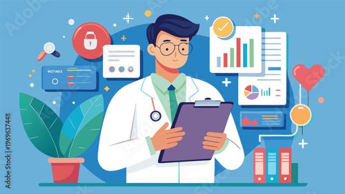 Doctor stands with a clipboard and charts in a digital healthcare setting focused on patient data and statistics