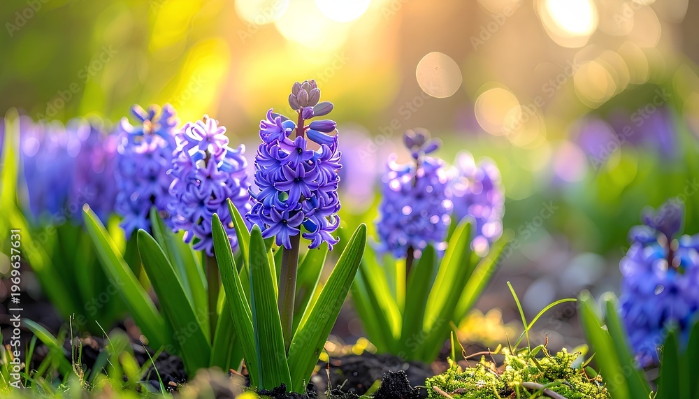 Obraz premium field of blooming purple hyacinth flowers in a sunny garden with shallow depth of field and warm sunlight