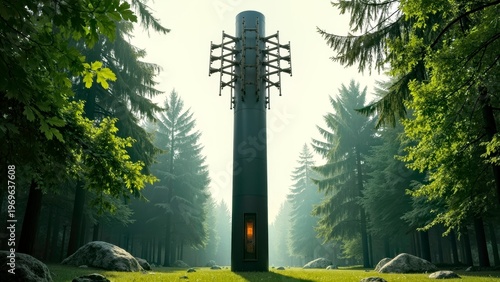 Cylindrical Tower in Misty Forest