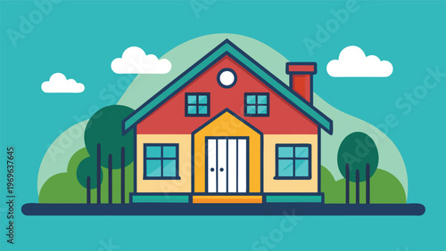 Colorful house with a chimney and trees under blue sky in a simple graphic style during daytime