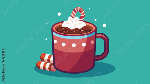 Warm cup of hot chocolate with whipped cream and candy cane on a winter day