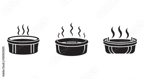 Black and white illustration of three steaming bowls side by side  hot food  steam rising