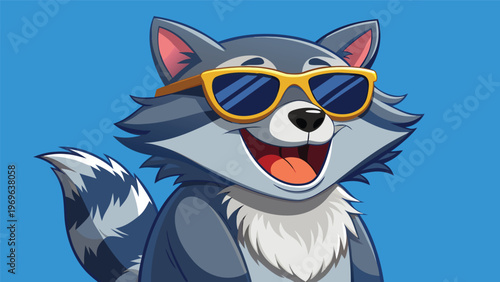 Cute cartoon wolf wearing sunglasses smiles against a blue background with fun and vibrant energy
