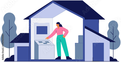 Woman standing outside house interacting with appliance near trees and buildings