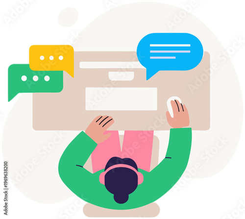 A frustrated person interacts with a computer screen showing chat bubbles.