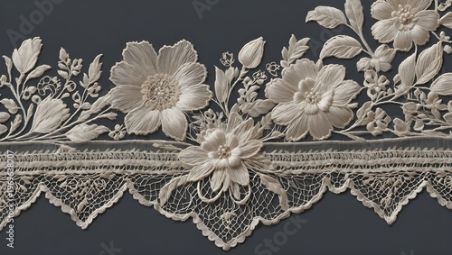 Elegant White Embroidered Lace Trim – Scalloped Floral Border Isolated for Decorative Design
