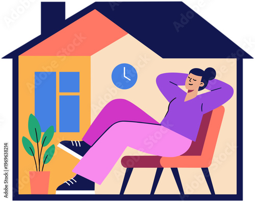 Woman relaxing on chair in front of house with plant and clock