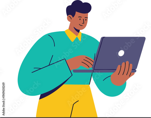 Man working on laptop indoors at home office desk