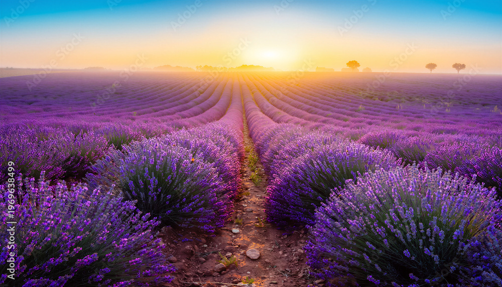 Obraz premium Vast purple lavender field in symmetrical rows converging at golden sunrise horizon with misty trees
