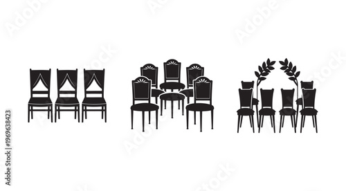 Black and white illustration of various chair sets with and without table and plant decorative elements for interior design and furniture arrangement concepts  chairs in different configurations