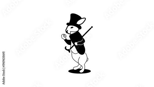White rabbit and top hat in suit, black isolated silhouette