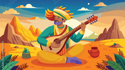 Musician plays string instrument in desert landscape with mountains and clouds around him during sunset