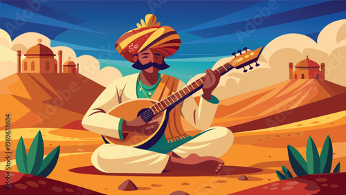 Musician plays the instrument in a desert setting with buildings in the background during daytime
