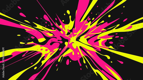 Explosion of Pink and Yellow Splatter on Black Background.