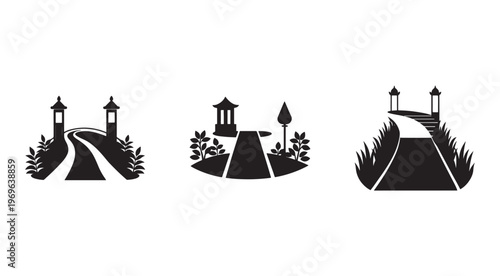 Black and white illustrations of different pathways leading to towers with plants on the sides  serene and peaceful scenes