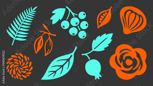Set of Stylized Botanical Elements and Fruits.
