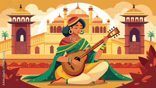 Musician plays guitar in front of historic palace during sunset in a vibrant outdoor scene