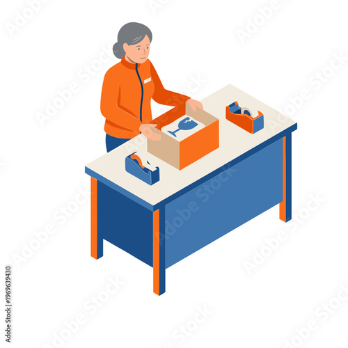 A woman packing boxes on a table in an office setting
