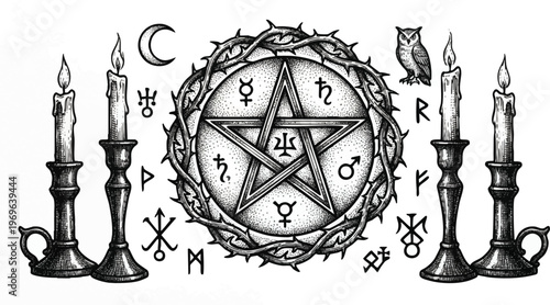 Occult Pentagram Altar with Candles, Thorns, Owl and Mystic Runes.