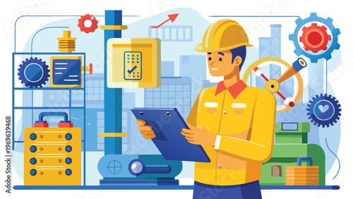 Worker checks equipment in factory setting with machines and tools in background