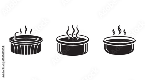 Black and white illustrations of three steaming hot beverage cups with different designs side by side on white background