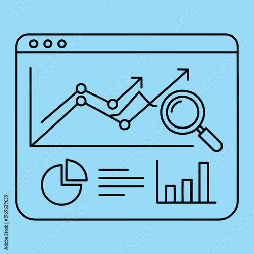 Minimal line of a browser window with graphs and a magnifying glass line minimal browser window chart