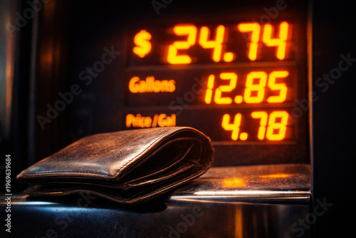 Dark brown bifold leather wallet lit by orange glow of fuel pump digital display. Ideal for fuel cost, inflation, or personal finance editorial and advertising