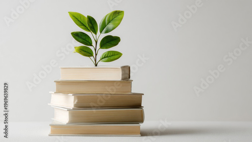 Stack Of Books With Green Plant For Education Growth And Knowledge Concept