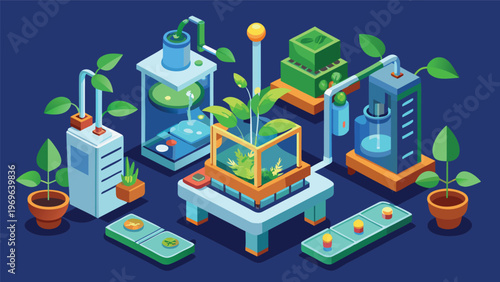 Innovative science lab with plants and water systems in a digital format displayed on a blue background