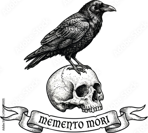 Foto Black Ink Raven Perched on Human Skull with Memento Mori Banner.