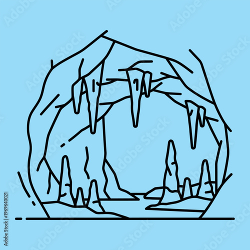 Minimal line of a cave with icicles on a blue background minimal line cave black lines simple rocky formation